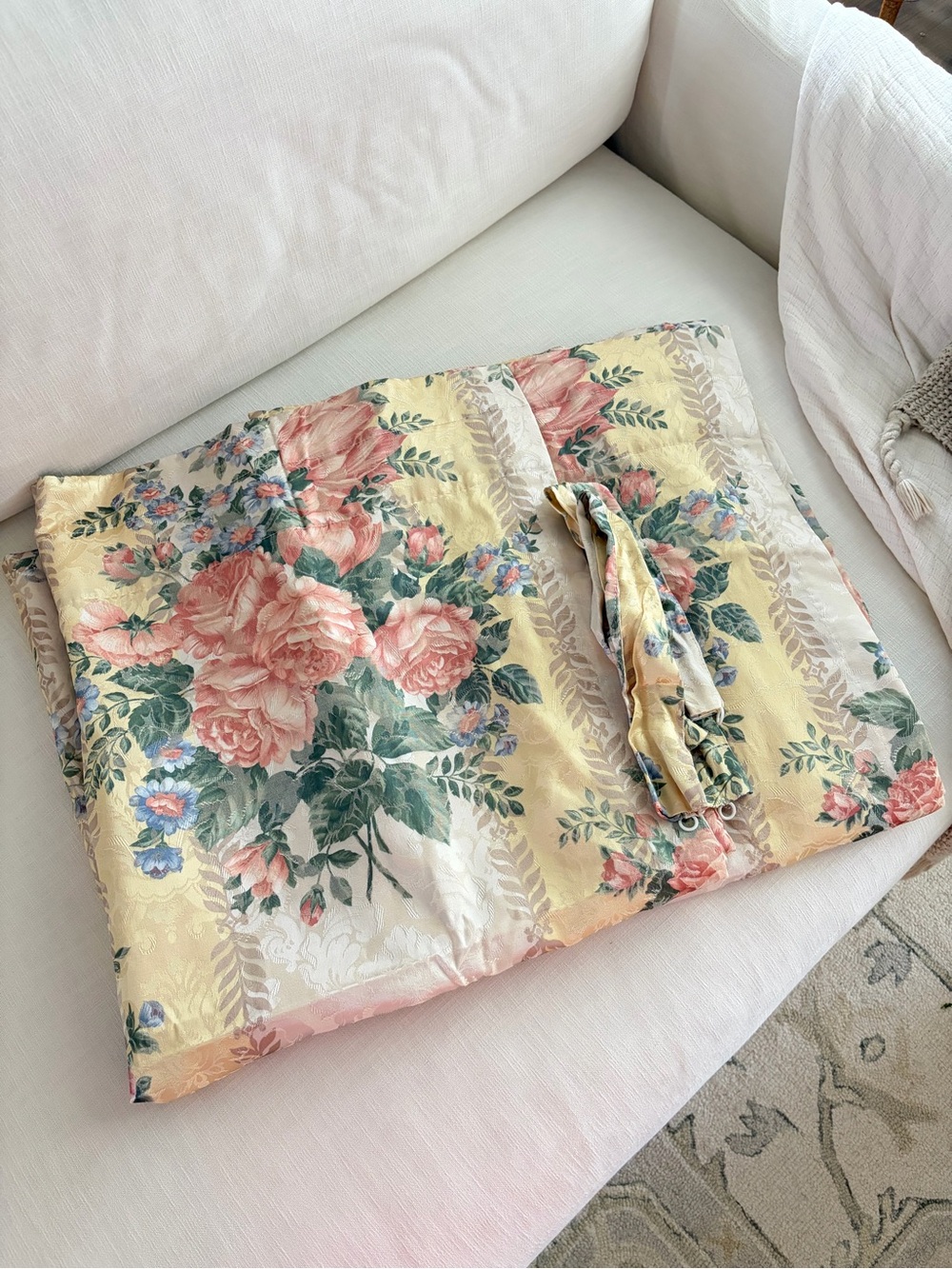 Vintage Yellow and Beige Floral Curtain Panels Set of 2